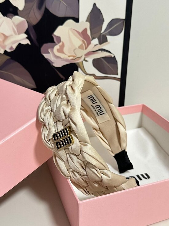 Miu Miu Cream Satin Braided Wide Headband Gold Black Enamel Square Logo Hair Ban main image 6